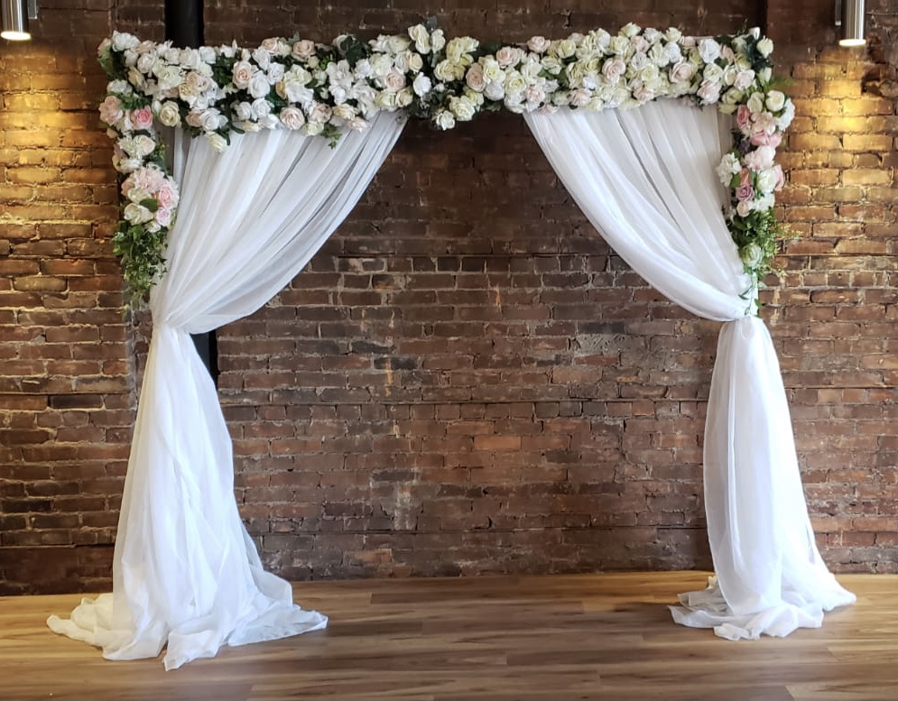 scugog flower arch rental with drapes